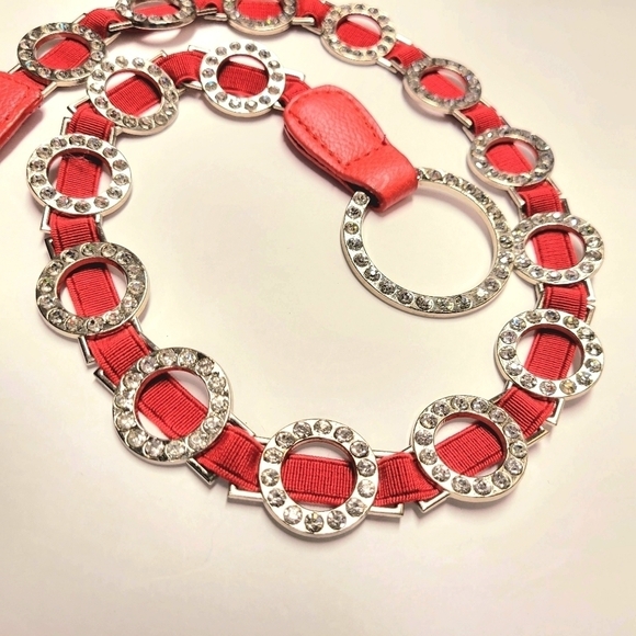 WOMENS Red Stretch Belt Bling Crystals Buckle Elasticized Band Belt - Picture 5 of 16